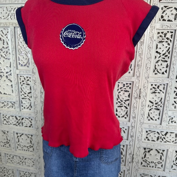 Y2K Coca Cola Red & Navy Retro Cap Sleeve Ribbed T shirt Sz M/L - Picture 3 of 6